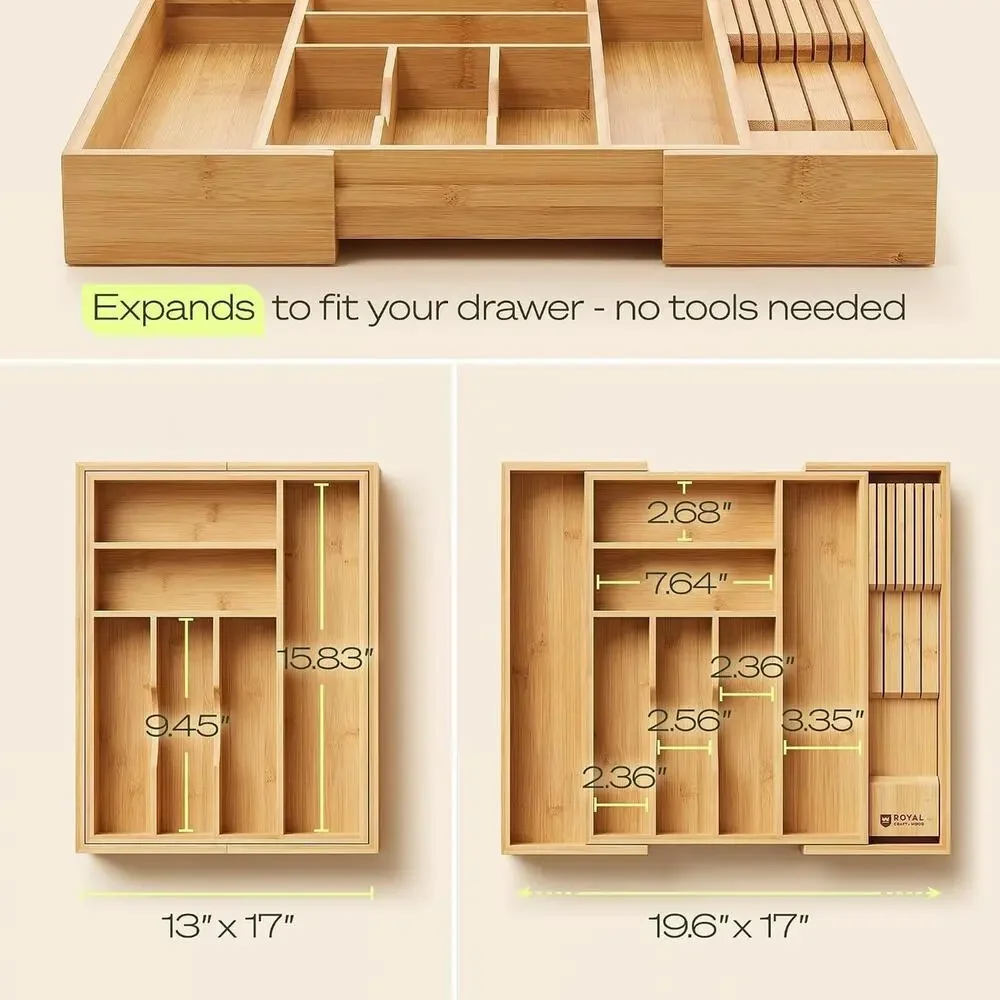 Bamboo Expandable Adjustable Silverware Drawer Organizer w/ Knife Block Kitchen